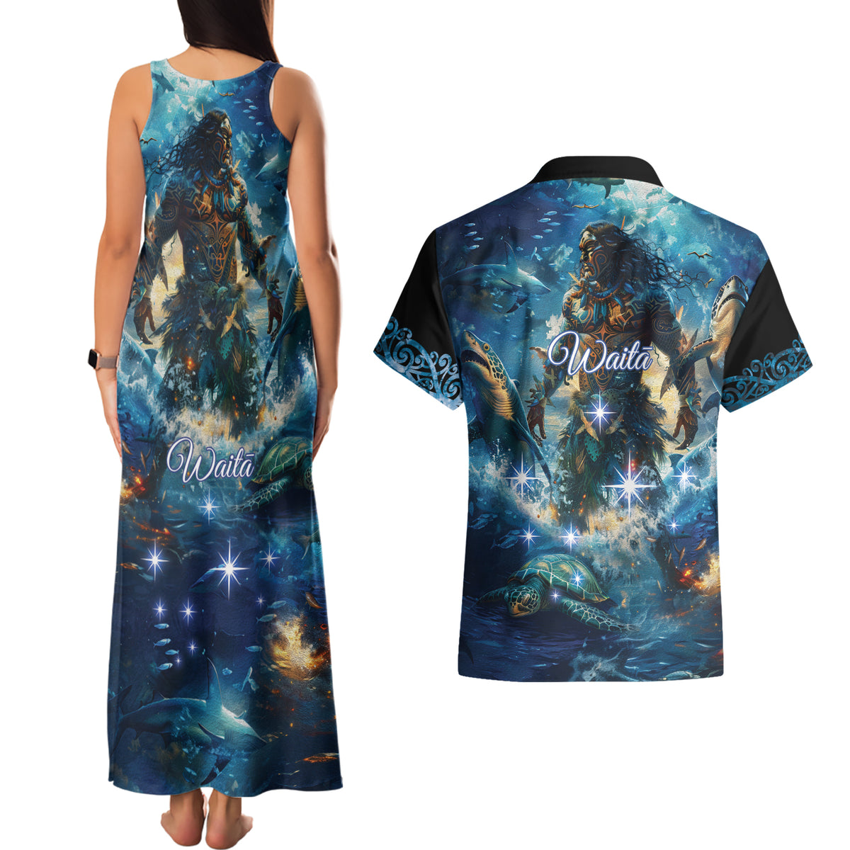 New Zealand Matariki Waita Couples Matching Tank Maxi Dress and Hawaiian Shirt The Way Of The Water LT9 - Polynesian Pride