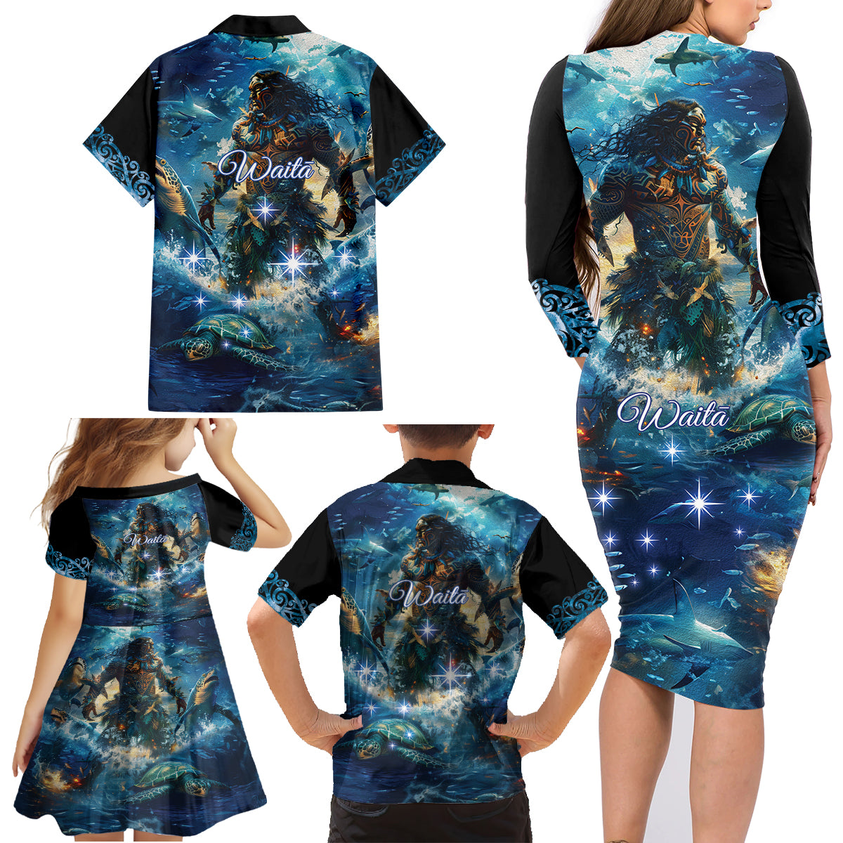 New Zealand Matariki Waita Family Matching Long Sleeve Bodycon Dress and Hawaiian Shirt The Way Of The Water