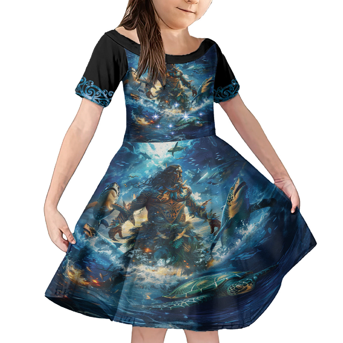 New Zealand Matariki Waita Family Matching Puletasi and Hawaiian Shirt The Way Of The Water LT9 Daughter's Dress Black - Polynesian Pride