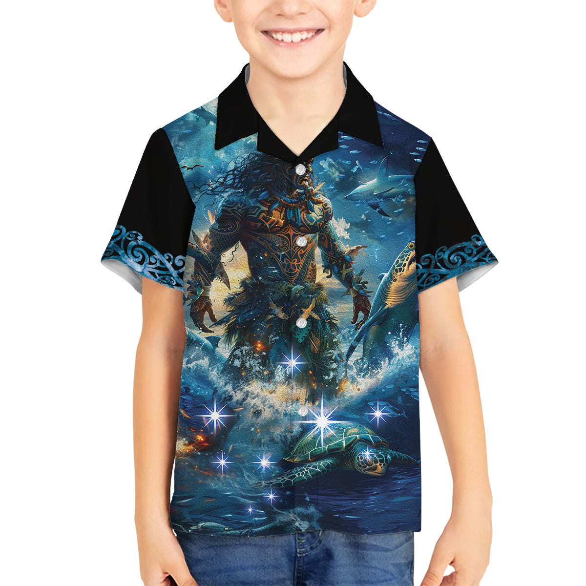 New Zealand Matariki Waita Family Matching Puletasi and Hawaiian Shirt The Way Of The Water LT9 Son's Shirt Black - Polynesian Pride