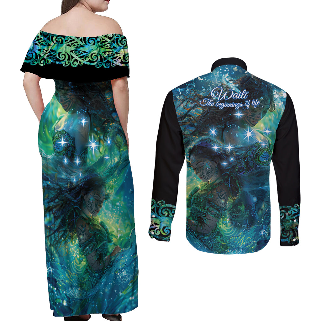 New Zealand Matariki Waiti Couples Matching Off Shoulder Maxi Dress and Long Sleeve Button Shirt The Beginnings Of Life LT9 - Polynesian Pride