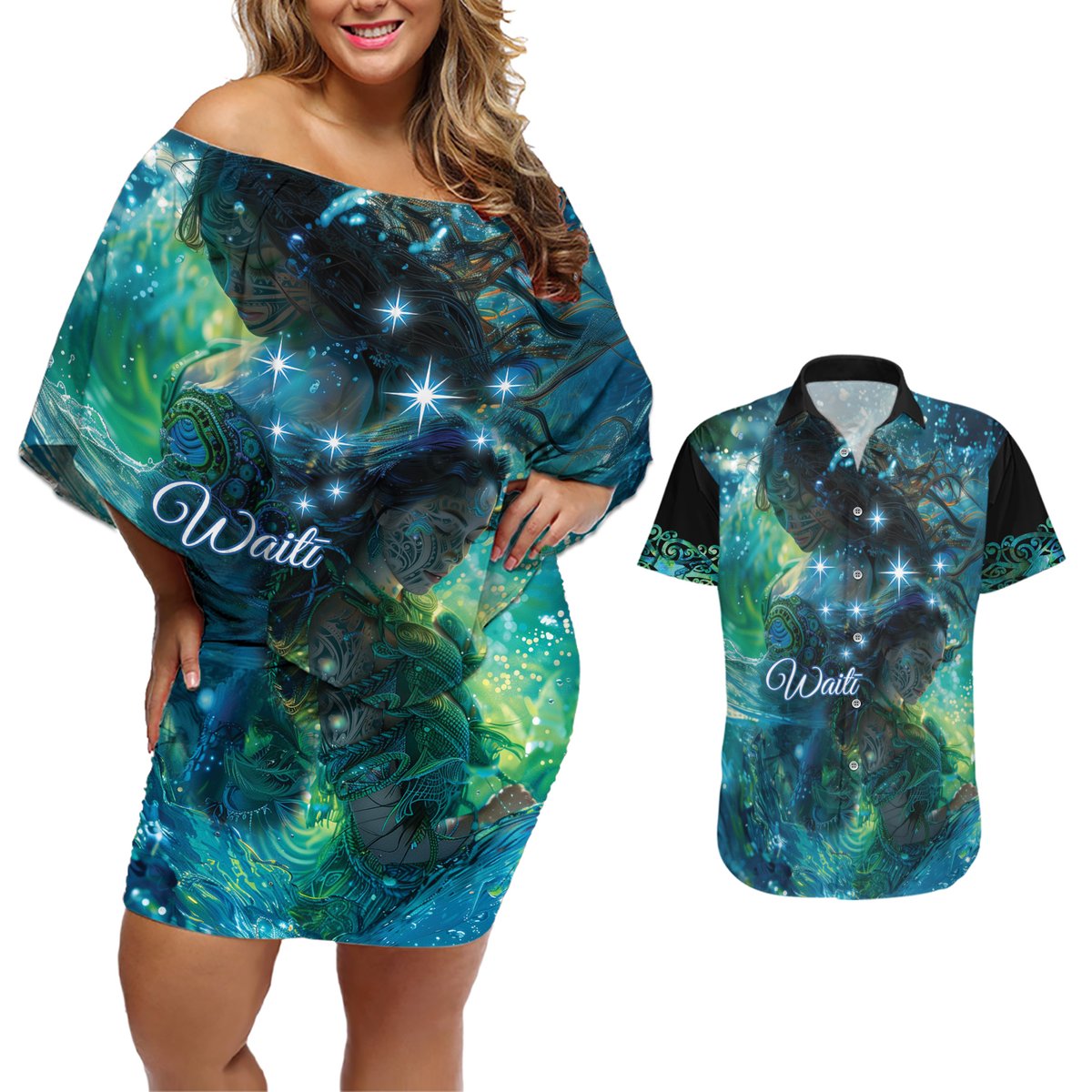 New Zealand Matariki Waiti Couples Matching Off Shoulder Short Dress and Hawaiian Shirt The Beginnings Of Life LT9 Black - Polynesian Pride