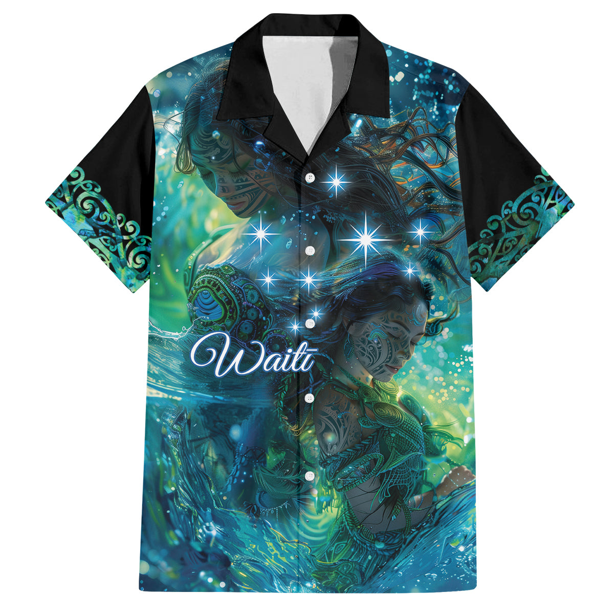 New Zealand Matariki Waiti Family Matching Puletasi and Hawaiian Shirt The Beginnings Of Life LT9 Dad's Shirt - Short Sleeve Black - Polynesian Pride