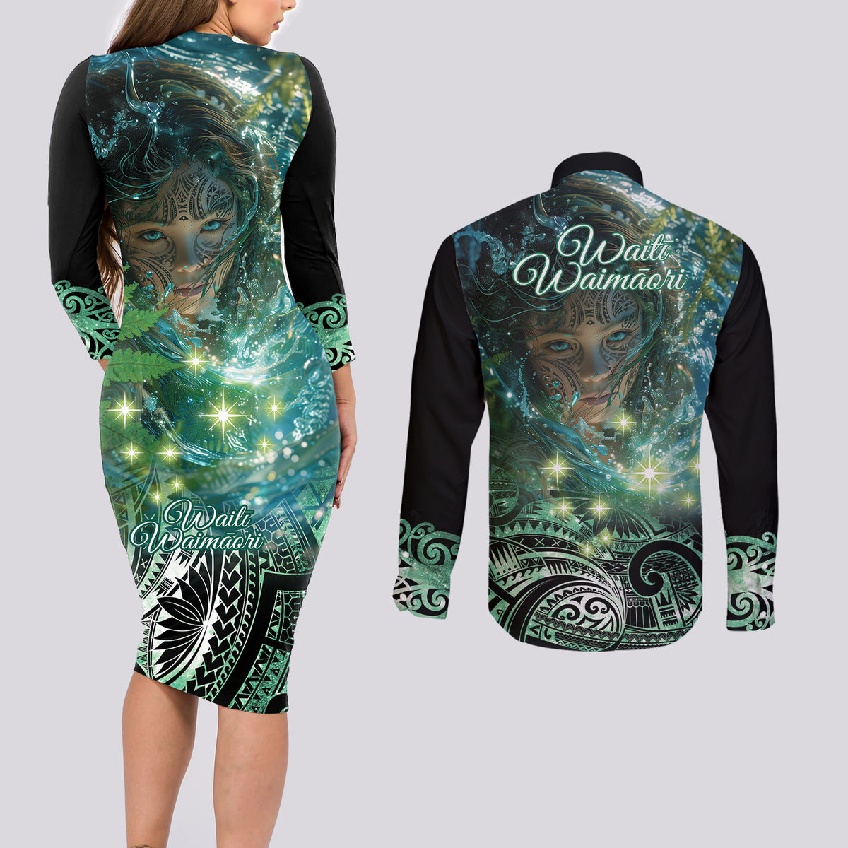 New Zealand Matariki Waiti Couples Matching Long Sleeve Bodycon Dress and Long Sleeve Button Shirt Waimori and The Origin Of Life LT9 - Polynesian Pride