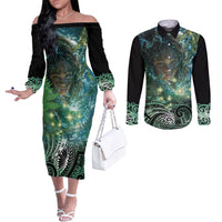 New Zealand Matariki Waiti Couples Matching Off The Shoulder Long Sleeve Dress and Long Sleeve Button Shirt Waimori and The Origin Of Life LT9 Black - Polynesian Pride