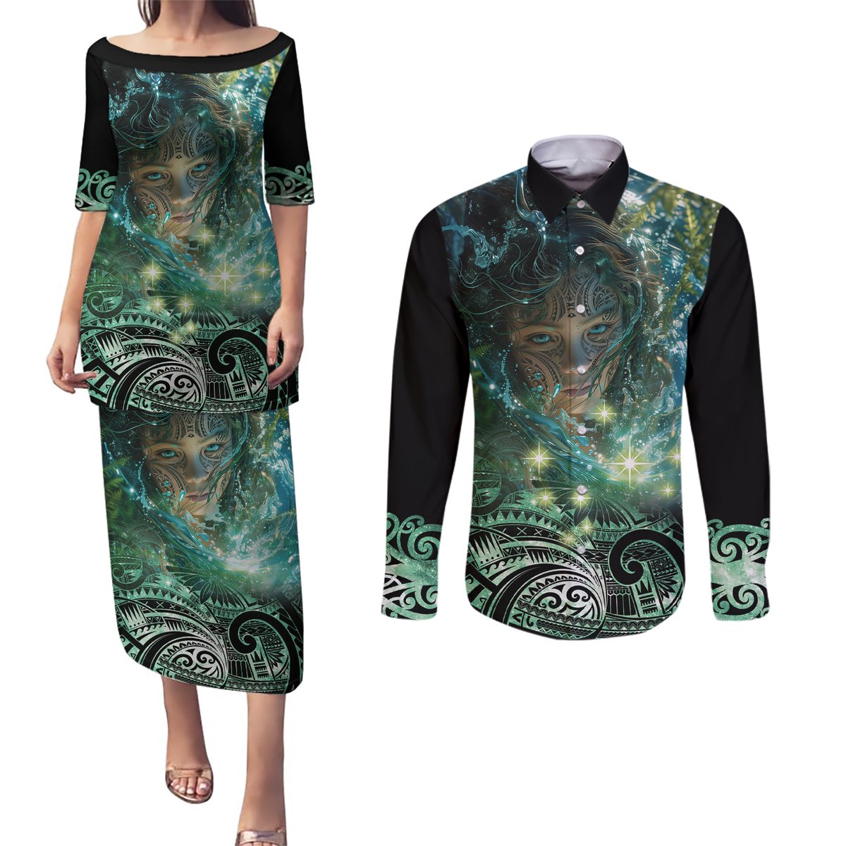 New Zealand Matariki Waiti Couples Matching Puletasi and Long Sleeve Button Shirt Waimori and The Origin Of Life LT9 Black - Polynesian Pride
