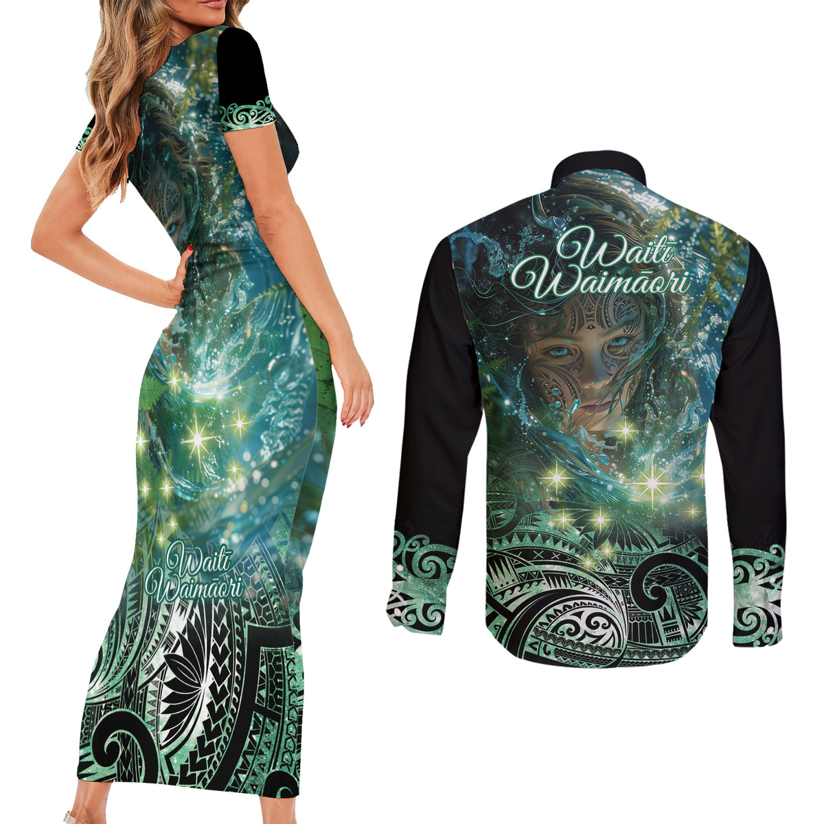New Zealand Matariki Waiti Couples Matching Short Sleeve Bodycon Dress and Long Sleeve Button Shirt Waimori and The Origin Of Life LT9 - Polynesian Pride