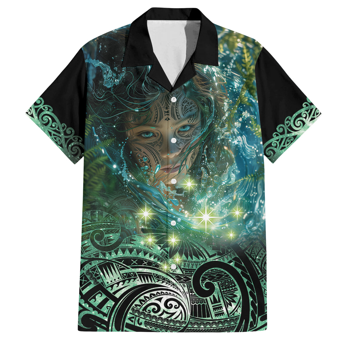 New Zealand Matariki Waiti Family Matching Puletasi and Hawaiian Shirt Waimori and The Origin Of Life LT9 Dad's Shirt - Short Sleeve Black - Polynesian Pride