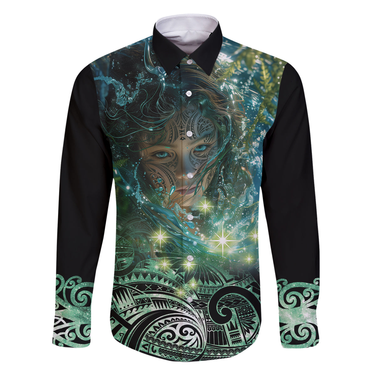New Zealand Matariki Waiti Family Matching Puletasi and Hawaiian Shirt Waimori and The Origin Of Life LT9 Dad's Shirt - Long Sleeve Black - Polynesian Pride