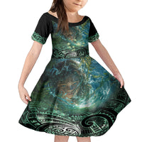New Zealand Matariki Waiti Kid Short Sleeve Dress Waimori and The Origin Of Life LT9 KID Black - Polynesian Pride