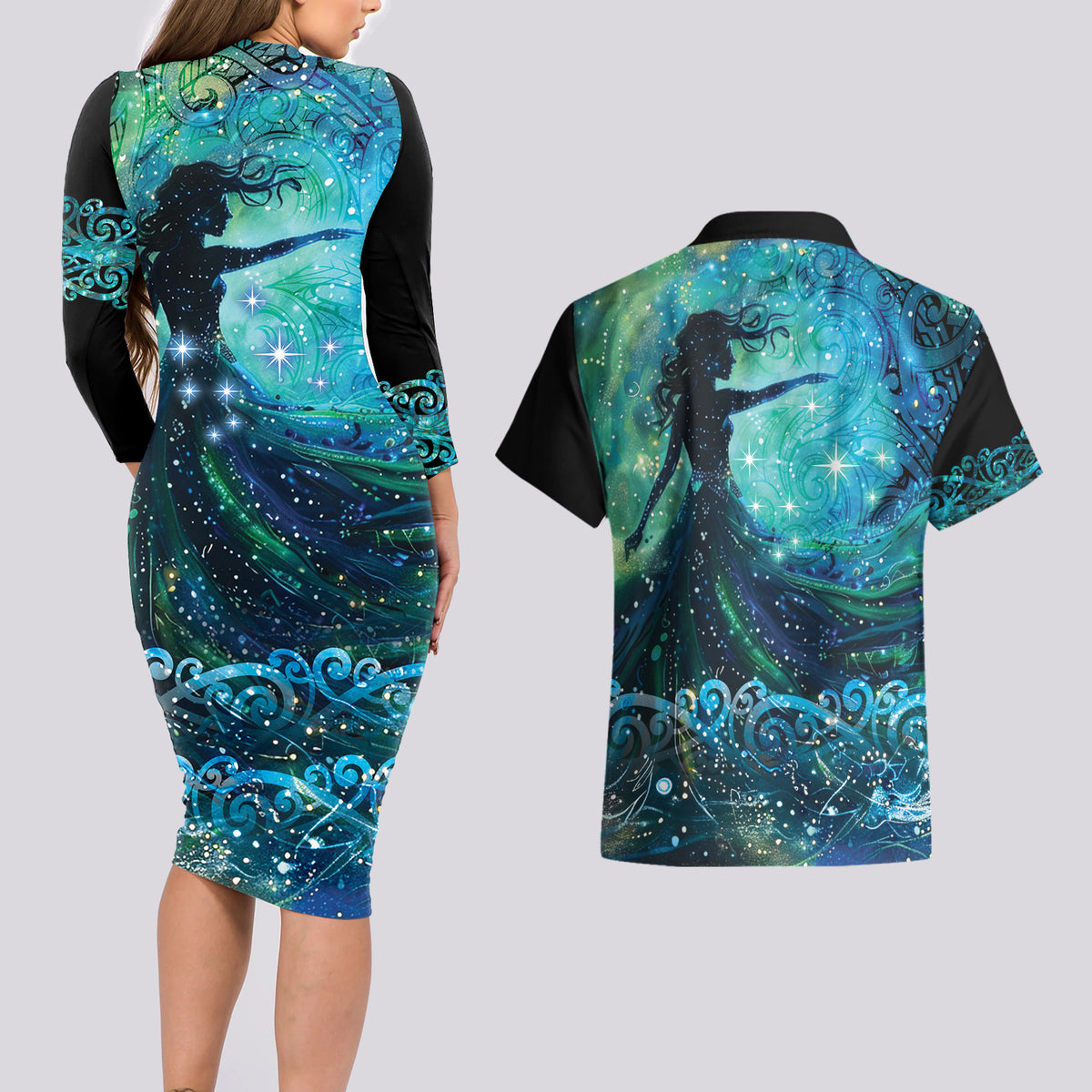 New Zealand Matariki Hiwa-i-te-rangi Couples Matching Long Sleeve Bodycon Dress and Hawaiian Shirt Titiro ki nga Whetu Wishing Star LT9 - Polynesian Pride