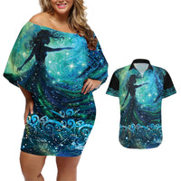 New Zealand Matariki Hiwa-i-te-rangi Couples Matching Off Shoulder Short Dress and Hawaiian Shirt Titiro ki nga Whetu Wishing Star LT9 Black - Polynesian Pride