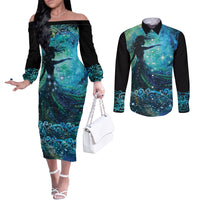 New Zealand Matariki Hiwa-i-te-rangi Couples Matching Off The Shoulder Long Sleeve Dress and Long Sleeve Button Shirt Titiro ki nga Whetu Wishing Star LT9 Black - Polynesian Pride