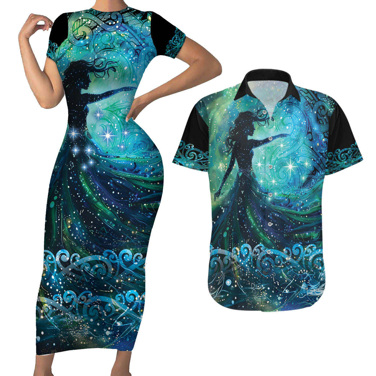 New Zealand Matariki Hiwa-i-te-rangi Couples Matching Short Sleeve Bodycon Dress and Hawaiian Shirt Titiro ki nga Whetu Wishing Star LT9 Black - Polynesian Pride
