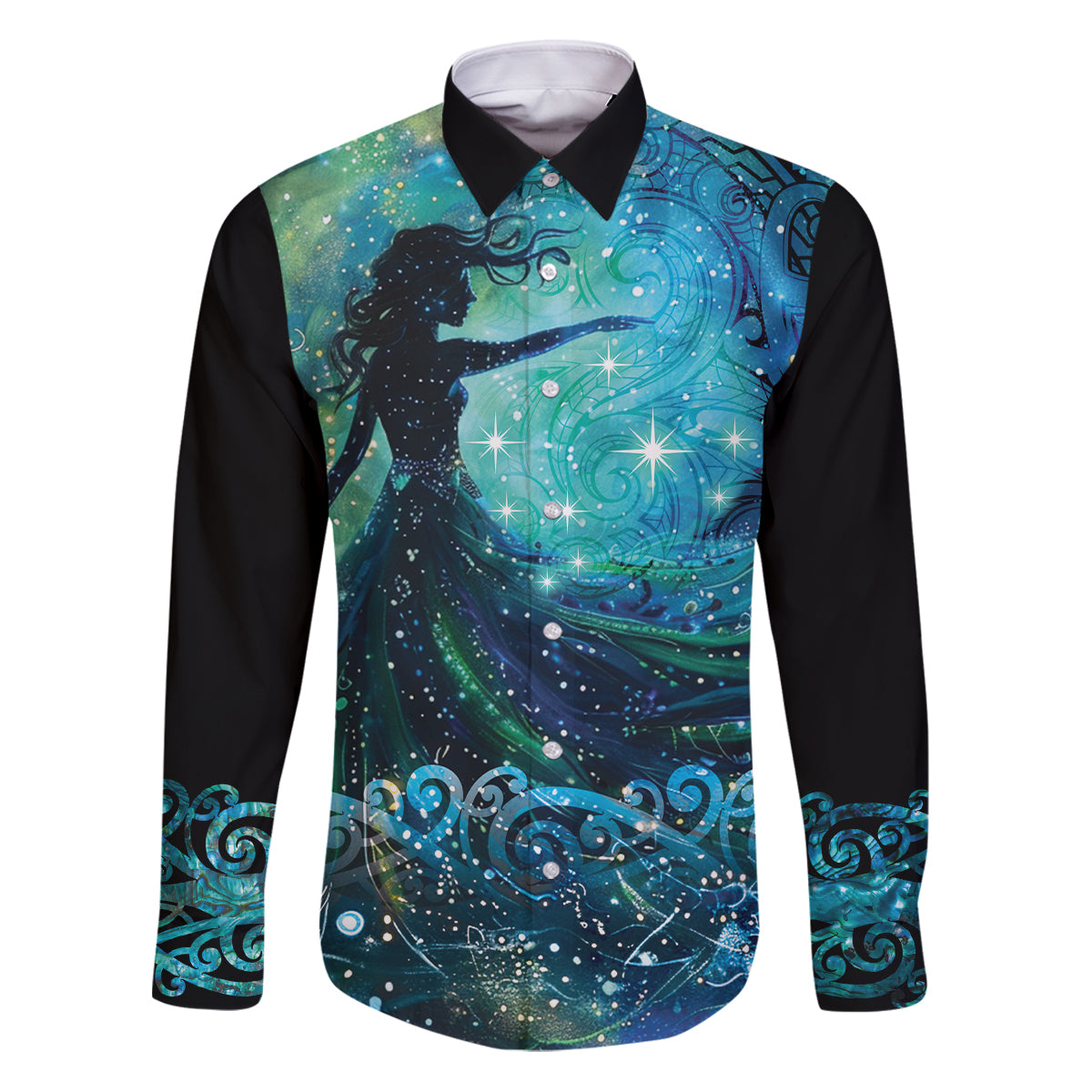 New Zealand Matariki Hiwa-i-te-rangi Family Matching Puletasi and Hawaiian Shirt Titiro ki nga Whetu Wishing Star LT9 Dad's Shirt - Long Sleeve Black - Polynesian Pride