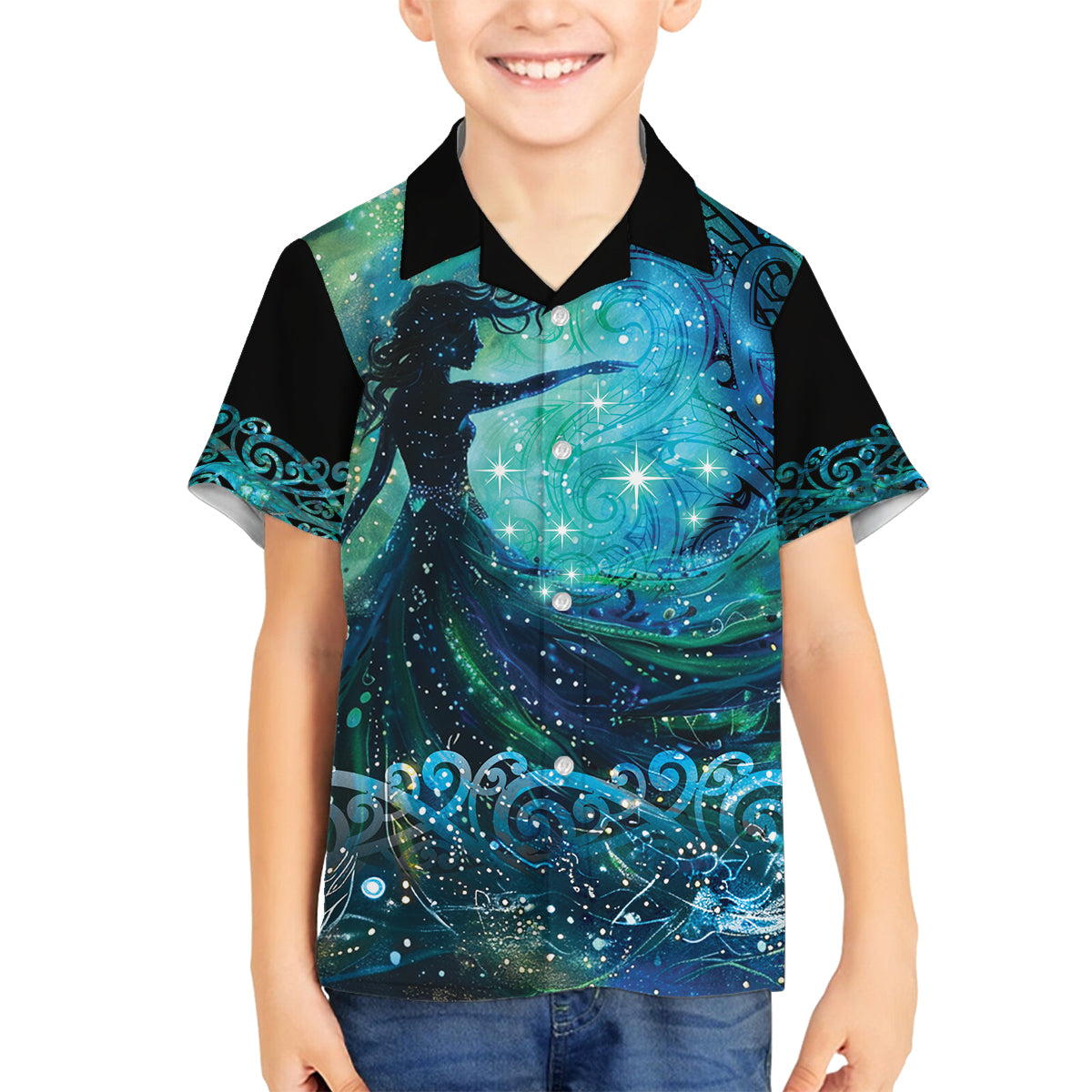 New Zealand Matariki Hiwa-i-te-rangi Family Matching Puletasi and Hawaiian Shirt Titiro ki nga Whetu Wishing Star LT9 Son's Shirt Black - Polynesian Pride