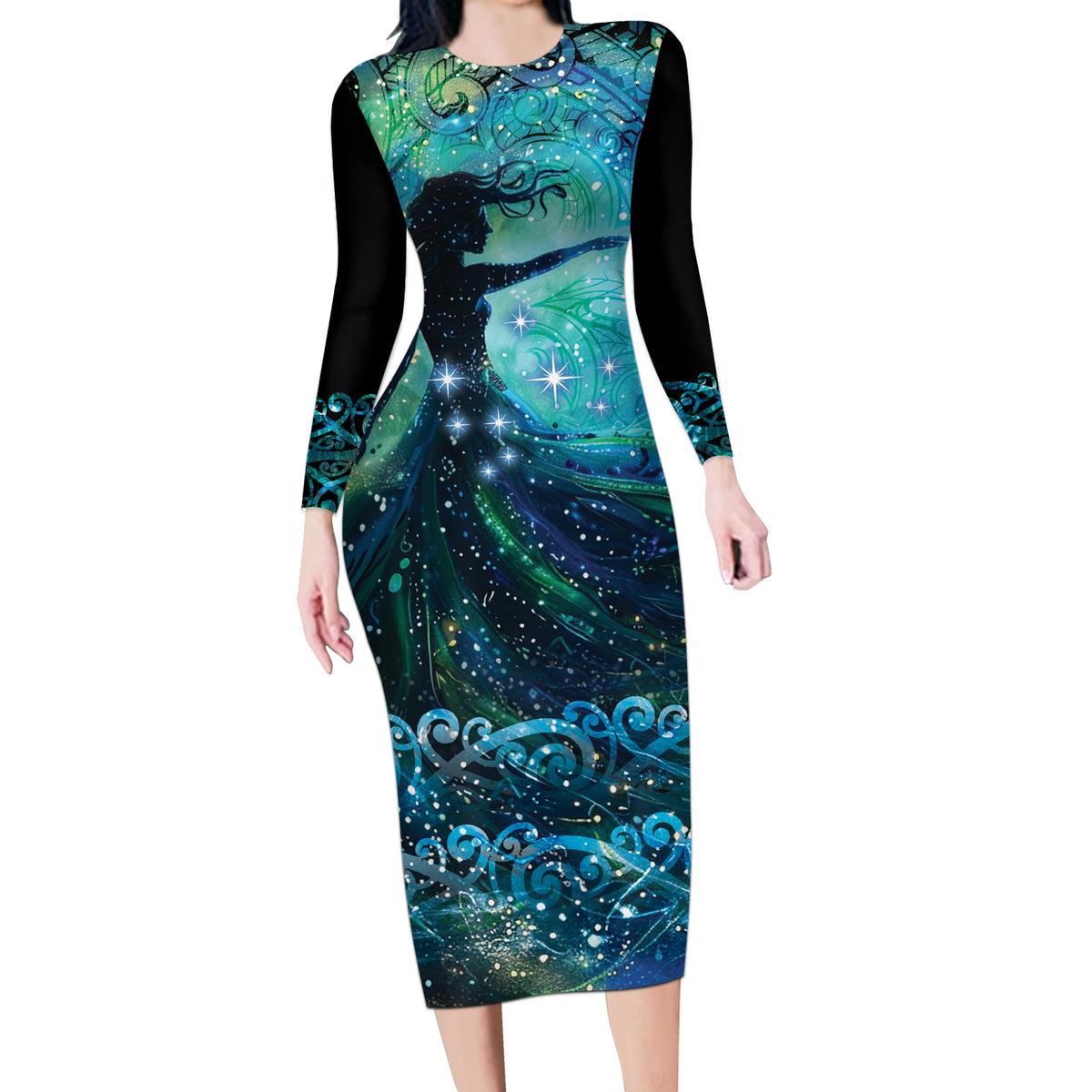 New Zealand Matariki Hiwa-i-te-rangi Long Sleeve Bodycon Dress Titiro ki nga Whetu Wishing Star LT9 Long Dress Black - Polynesian Pride