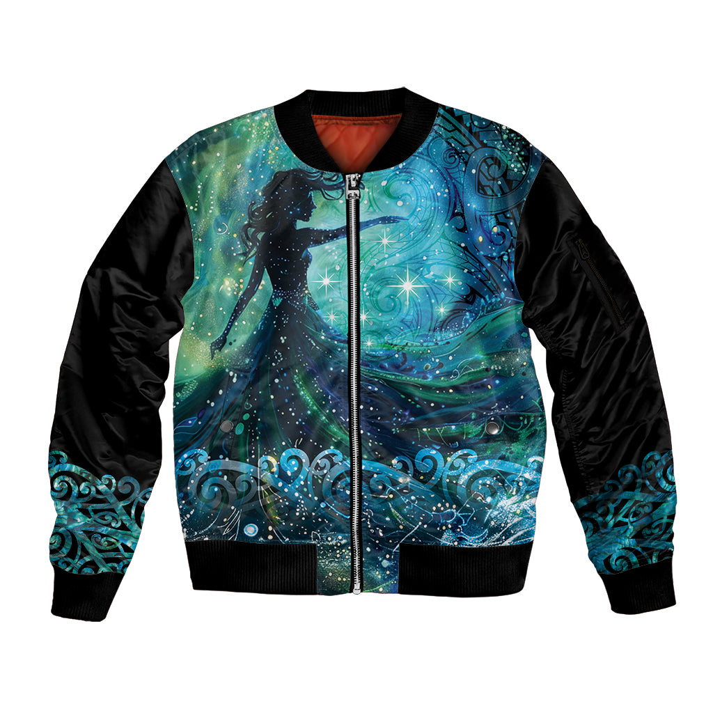 New Zealand Matariki Hiwa-i-te-rangi Sleeve Zip Bomber Jacket Titiro ki nga Whetu Wishing Star LT9 Unisex Black - Polynesian Pride
