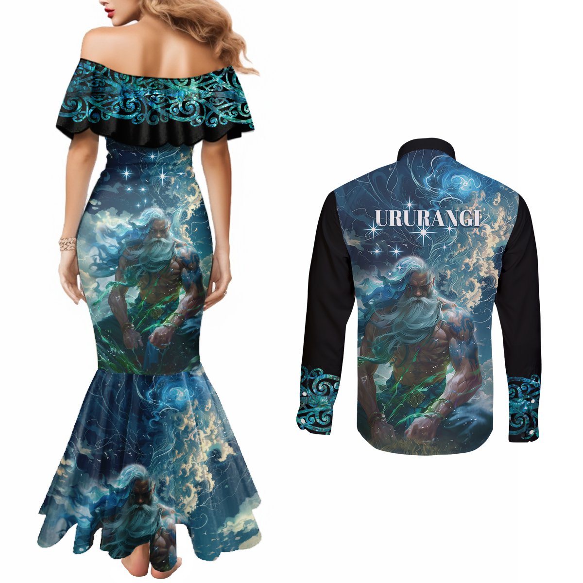 New Zealand Matariki Ururangi Couples Matching Mermaid Dress and Long Sleeve Button Shirt The Murmur Of The Wind LT9 - Polynesian Pride