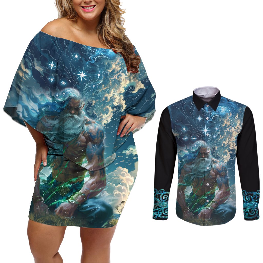 New Zealand Matariki Ururangi Couples Matching Off Shoulder Short Dress and Long Sleeve Button Shirt The Murmur Of The Wind LT9 Black - Polynesian Pride