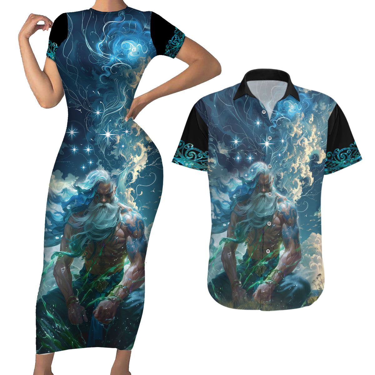 New Zealand Matariki Ururangi Couples Matching Short Sleeve Bodycon Dress and Hawaiian Shirt The Murmur Of The Wind LT9 Black - Polynesian Pride