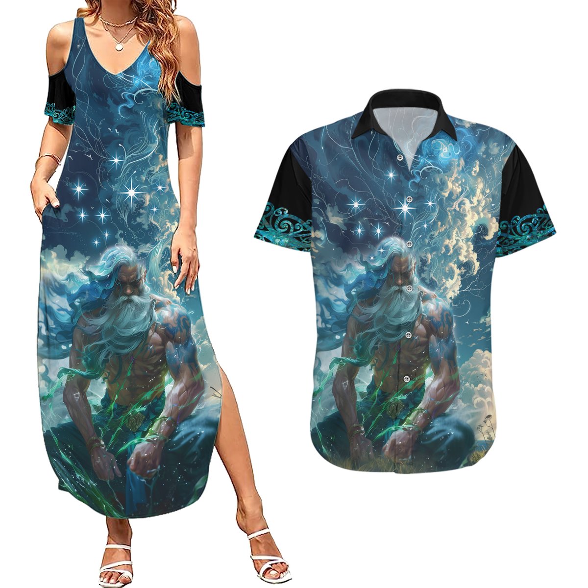 New Zealand Matariki Ururangi Couples Matching Summer Maxi Dress and Hawaiian Shirt The Murmur Of The Wind LT9 Black - Polynesian Pride
