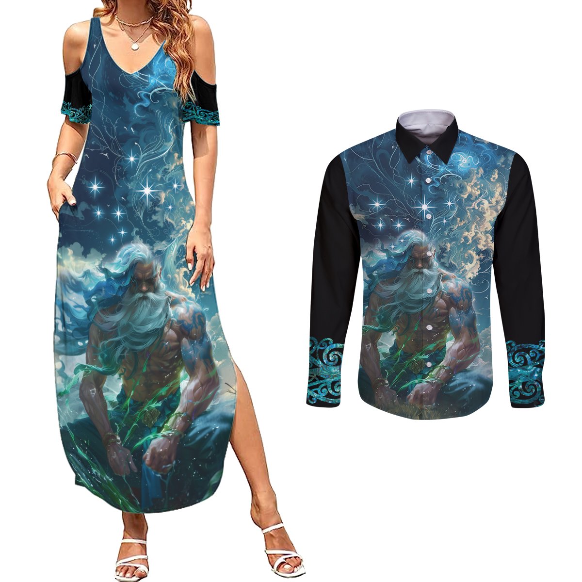 New Zealand Matariki Ururangi Couples Matching Summer Maxi Dress and Long Sleeve Button Shirt The Murmur Of The Wind LT9 Black - Polynesian Pride