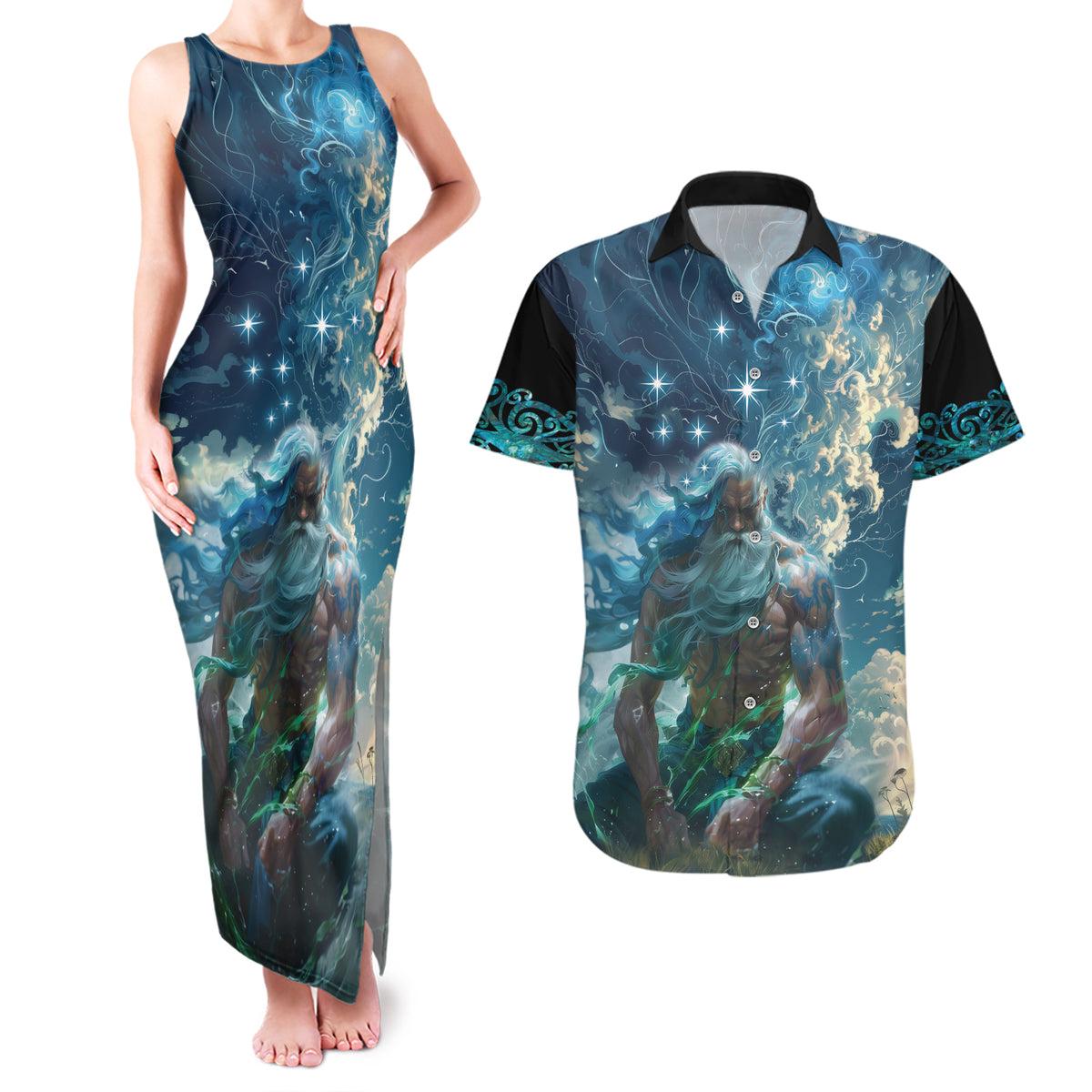 New Zealand Matariki Ururangi Couples Matching Tank Maxi Dress and Hawaiian Shirt The Murmur Of The Wind LT9 Black - Polynesian Pride