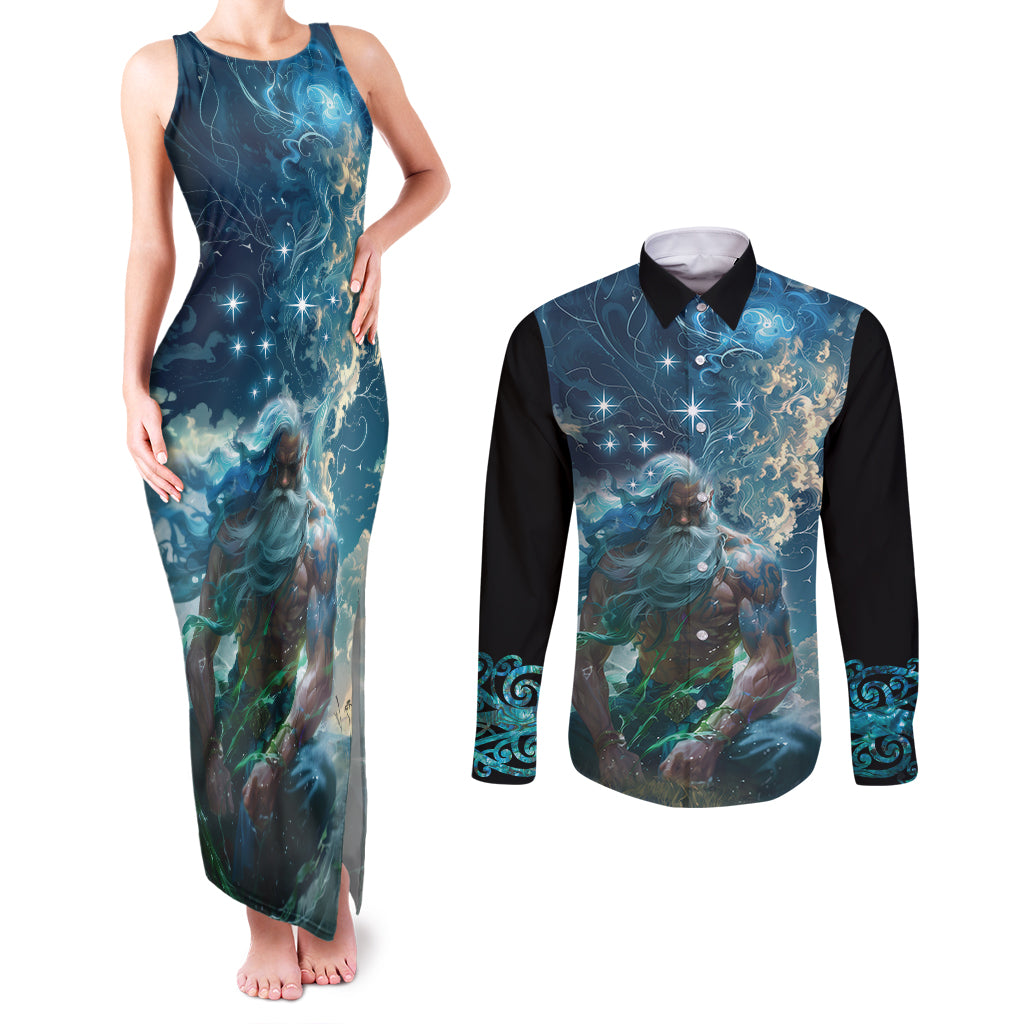 New Zealand Matariki Ururangi Couples Matching Tank Maxi Dress and Long Sleeve Button Shirt The Murmur Of The Wind LT9 Black - Polynesian Pride