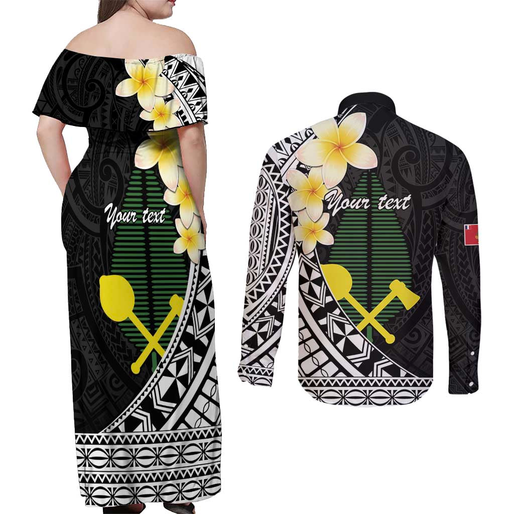 Alo Chiefdom Wallis and Futuna Personalized Couples Matching Off Shoulder Maxi Dress and Long Sleeve Button Shirt Frangipani Flowers Polynesian Pattern