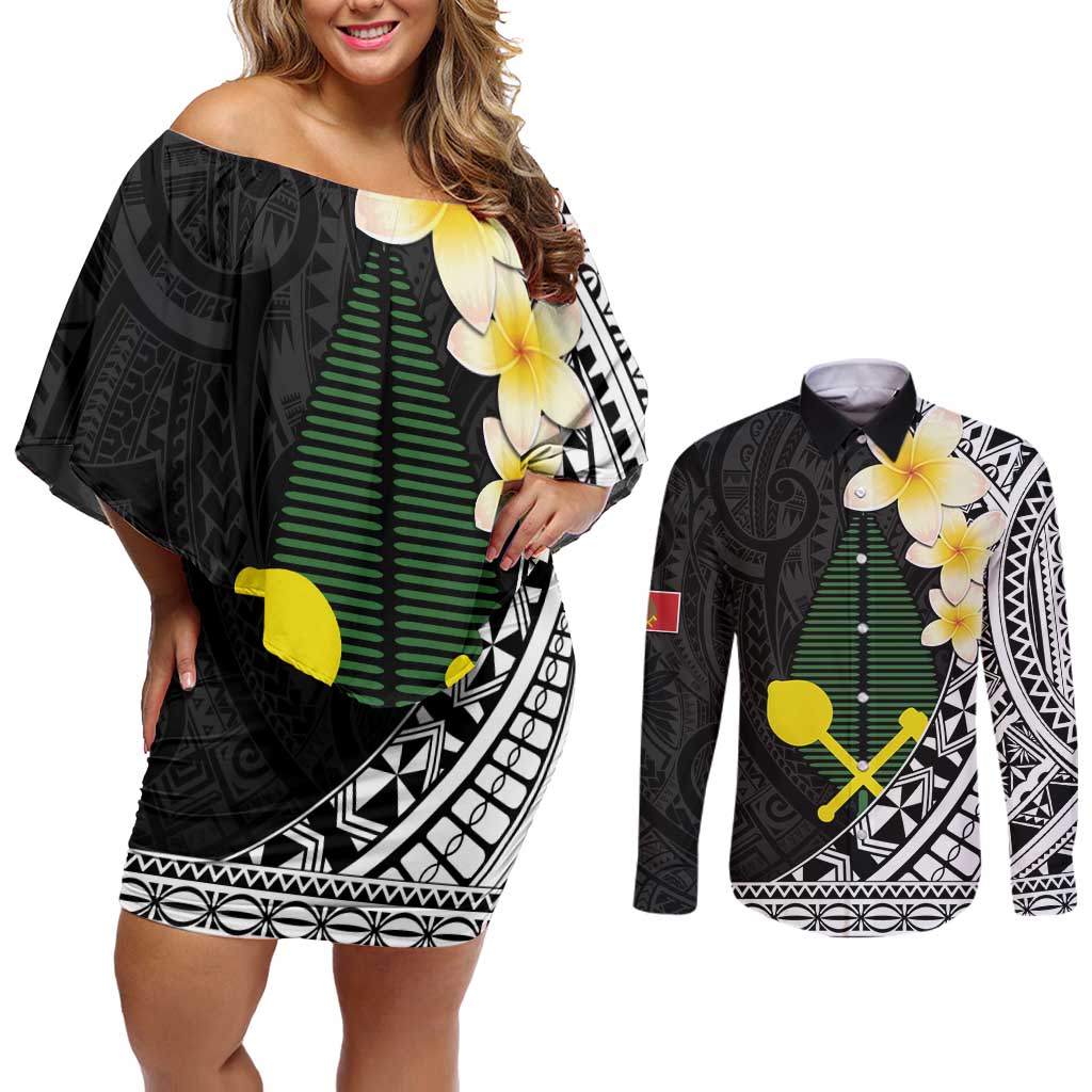 Alo Chiefdom Wallis and Futuna Personalized Couples Matching Off Shoulder Short Dress and Long Sleeve Button Shirt Frangipani Flowers Polynesian Pattern