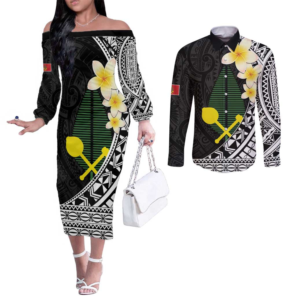 Alo Chiefdom Wallis and Futuna Personalized Couples Matching Off The Shoulder Long Sleeve Dress and Long Sleeve Button Shirt Frangipani Flowers Polynesian Pattern