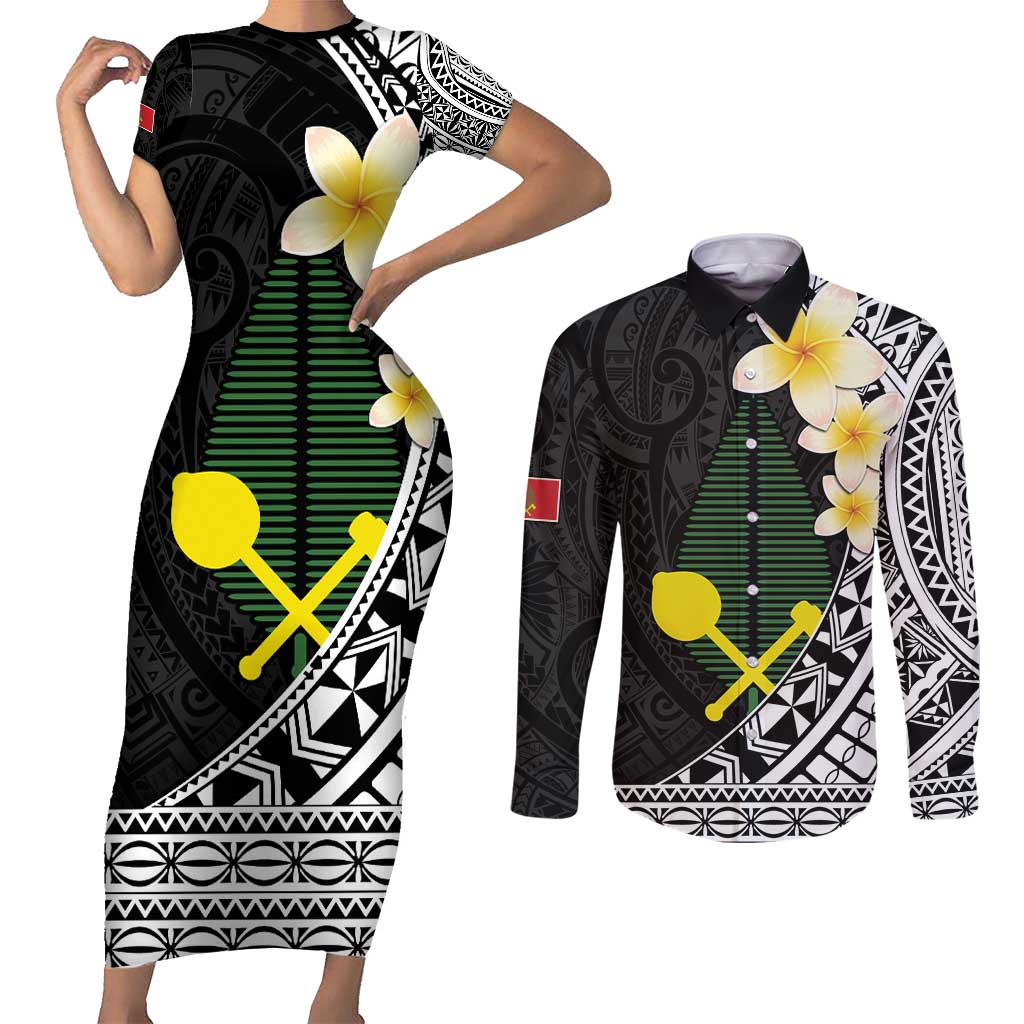 Alo Chiefdom Wallis and Futuna Personalized Couples Matching Short Sleeve Bodycon Dress and Long Sleeve Button Shirt Frangipani Flowers Polynesian Pattern