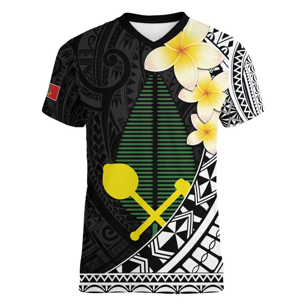 Alo Chiefdom Wallis and Futuna Personalized Women V-Neck T-Shirt Frangipani Flowers Polynesian Pattern