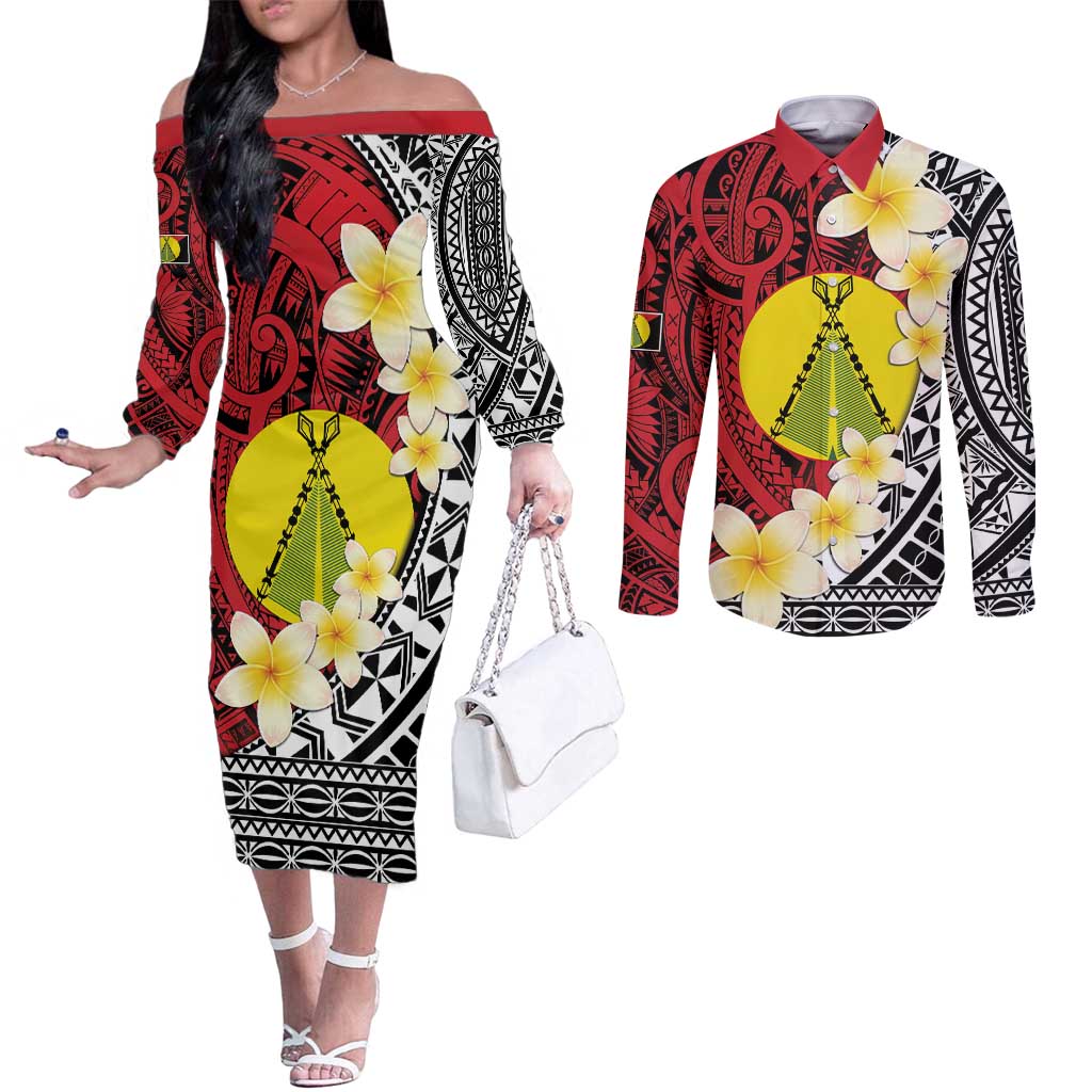 Sigave Chiefdom Wallis and Futuna Personalized Couples Matching Off The Shoulder Long Sleeve Dress and Long Sleeve Button Shirt Frangipani Flowers Polynesian Pattern