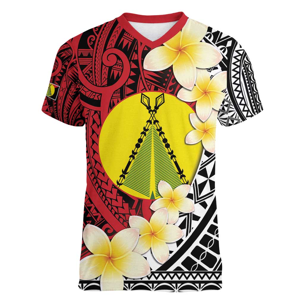 Sigave Chiefdom Wallis and Futuna Personalized Women V-Neck T-Shirt Frangipani Flowers Polynesian Pattern