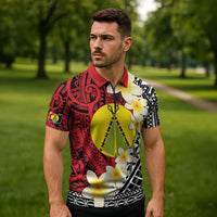 Sigave Chiefdom Wallis and Futuna Personalized Zipper Polo Shirt Frangipani Flowers Polynesian Pattern - Polynesian Pride