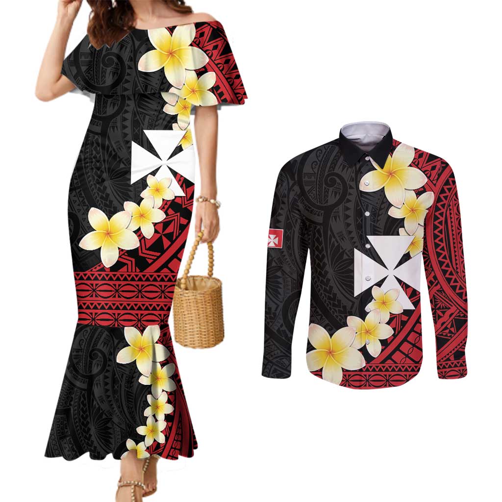 Uvea Chiefdom Wallis and Futuna Personalized Couples Matching Mermaid Dress and Long Sleeve Button Shirt Frangipani Flowers Polynesian Pattern
