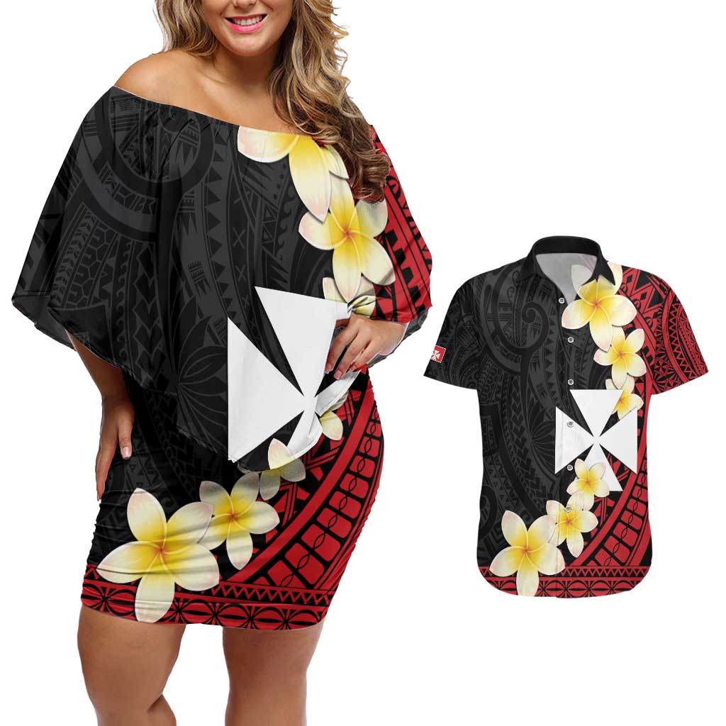 Uvea Chiefdom Wallis and Futuna Personalized Couples Matching Off Shoulder Short Dress and Hawaiian Shirt Frangipani Flowers Polynesian Pattern