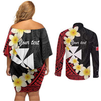 Uvea Chiefdom Wallis and Futuna Personalized Couples Matching Off Shoulder Short Dress and Long Sleeve Button Shirt Frangipani Flowers Polynesian Pattern