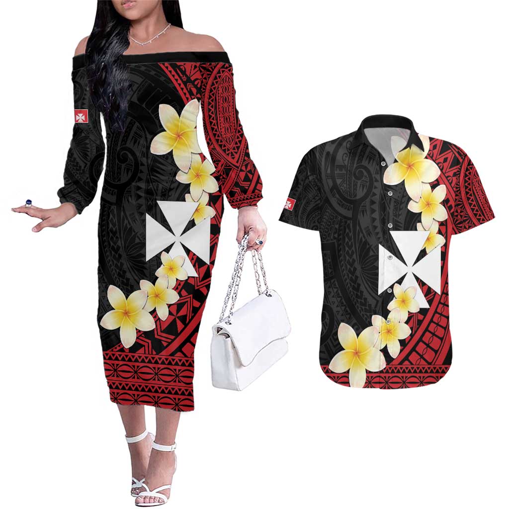 Uvea Chiefdom Wallis and Futuna Personalized Couples Matching Off The Shoulder Long Sleeve Dress and Hawaiian Shirt Frangipani Flowers Polynesian Pattern