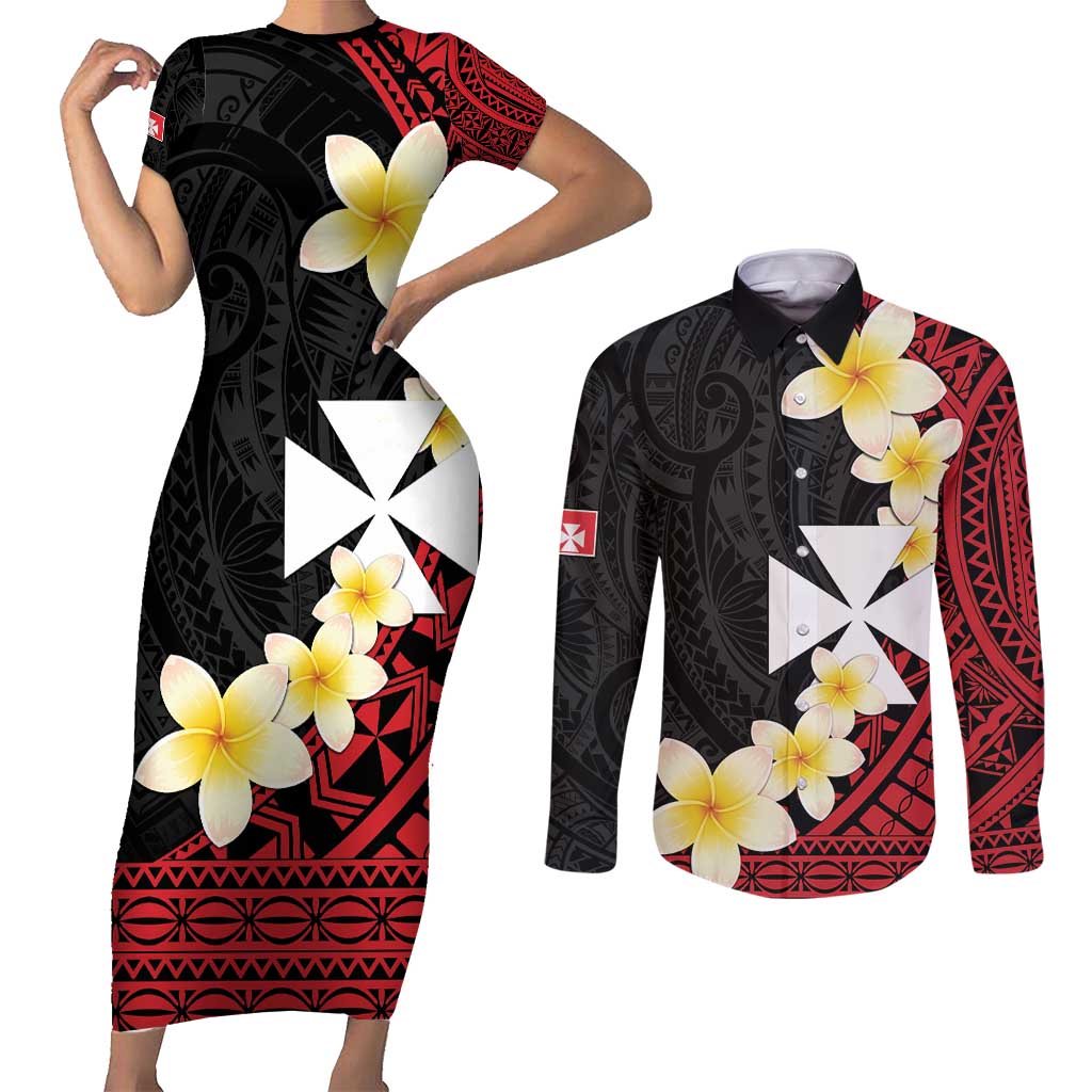 Uvea Chiefdom Wallis and Futuna Personalized Couples Matching Short Sleeve Bodycon Dress and Long Sleeve Button Shirt Frangipani Flowers Polynesian Pattern