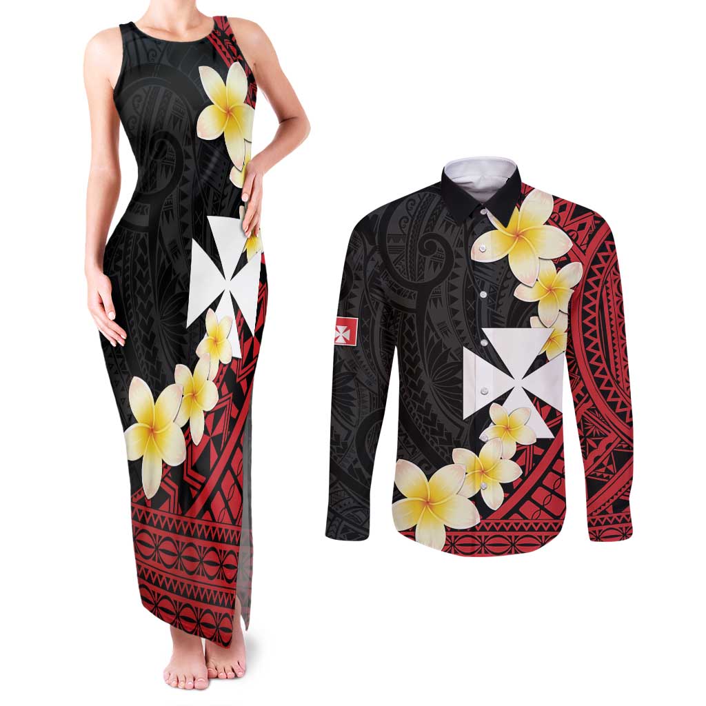 Uvea Chiefdom Wallis and Futuna Personalized Couples Matching Tank Maxi Dress and Long Sleeve Button Shirt Frangipani Flowers Polynesian Pattern