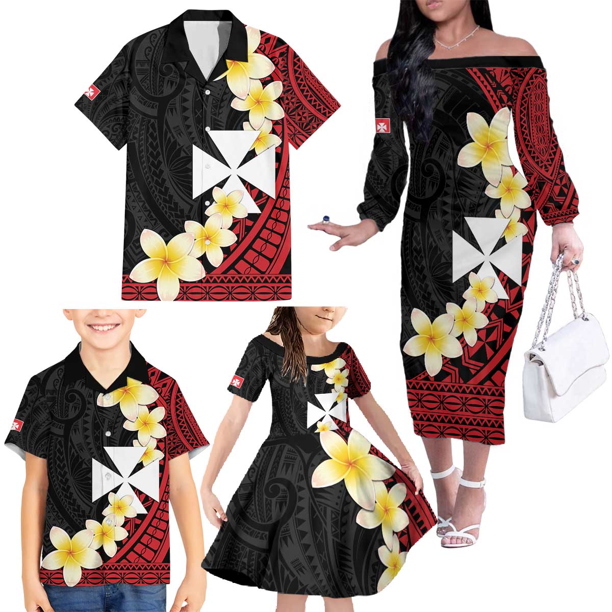 Uvea Chiefdom Wallis and Futuna Personalized Family Matching Off The Shoulder Long Sleeve Dress and Hawaiian Shirt Frangipani Flowers Polynesian Pattern