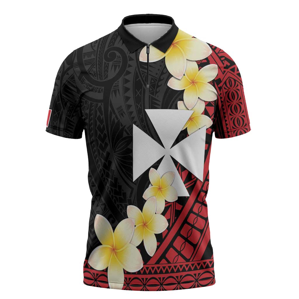 Uvea Chiefdom Wallis and Futuna Personalized Zipper Polo Shirt Frangipani Flowers Polynesian Pattern - Polynesian Pride