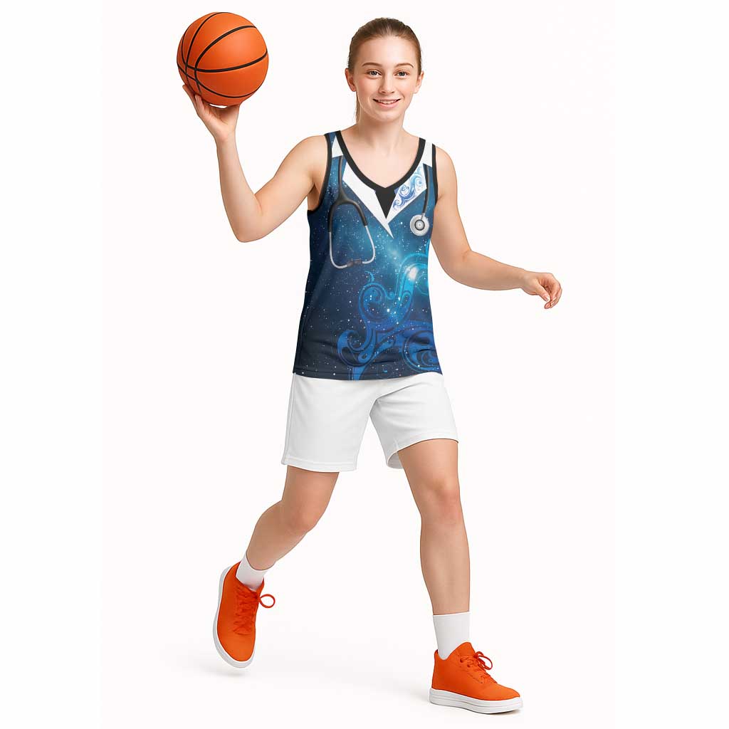 New Zealand Nurses RN Personalised Basketball Jersey Galaxy Stethoscope Maori Motif