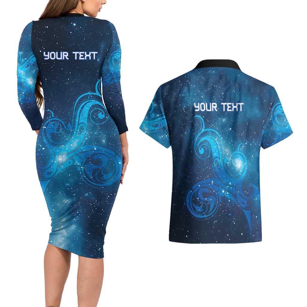 New Zealand Nurses RN Personalised Couples Matching Long Sleeve Bodycon Dress and Hawaiian Shirt Galaxy Stethoscope Maori Motif LT9 - Polynesian Pride