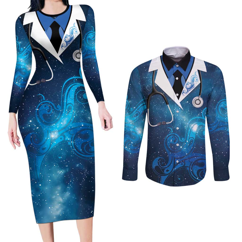 New Zealand Nurses RN Personalised Couples Matching Long Sleeve Bodycon Dress and Long Sleeve Button Shirt Galaxy Stethoscope Maori Motif