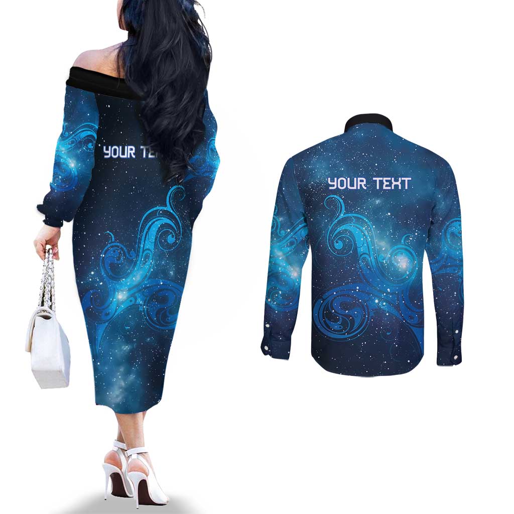 New Zealand Nurses RN Personalised Couples Matching Off The Shoulder Long Sleeve Dress and Long Sleeve Button Shirt Galaxy Stethoscope Maori Motif LT9 - Polynesian Pride