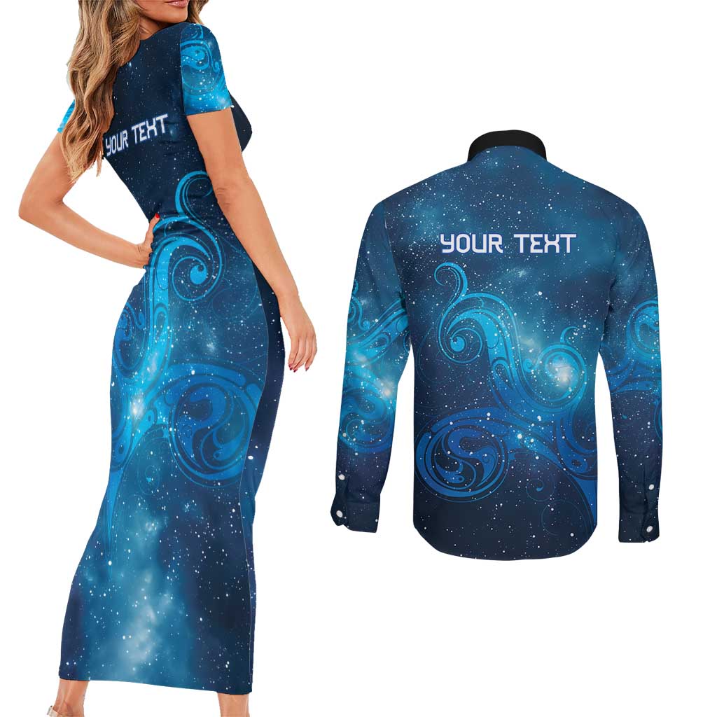 New Zealand Nurses RN Personalised Couples Matching Short Sleeve Bodycon Dress and Long Sleeve Button Shirt Galaxy Stethoscope Maori Motif LT9 - Polynesian Pride